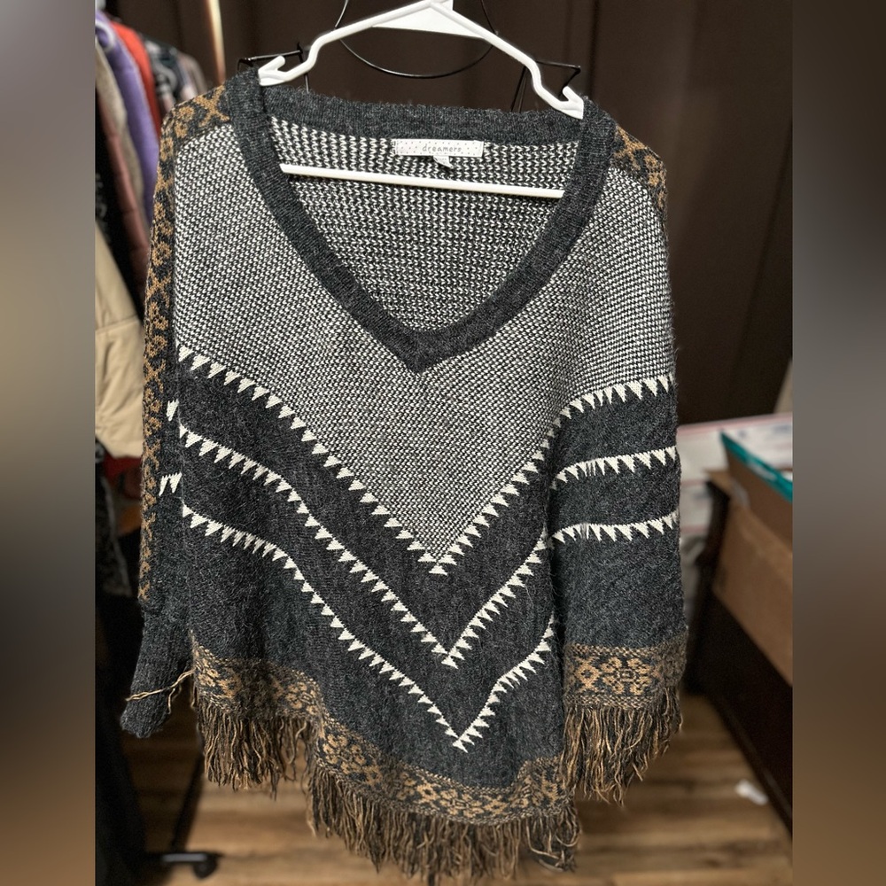 Dreamers Knit Aztec Nordic Southwestern Fringed Poncho Sweater - Picture 2 of 8